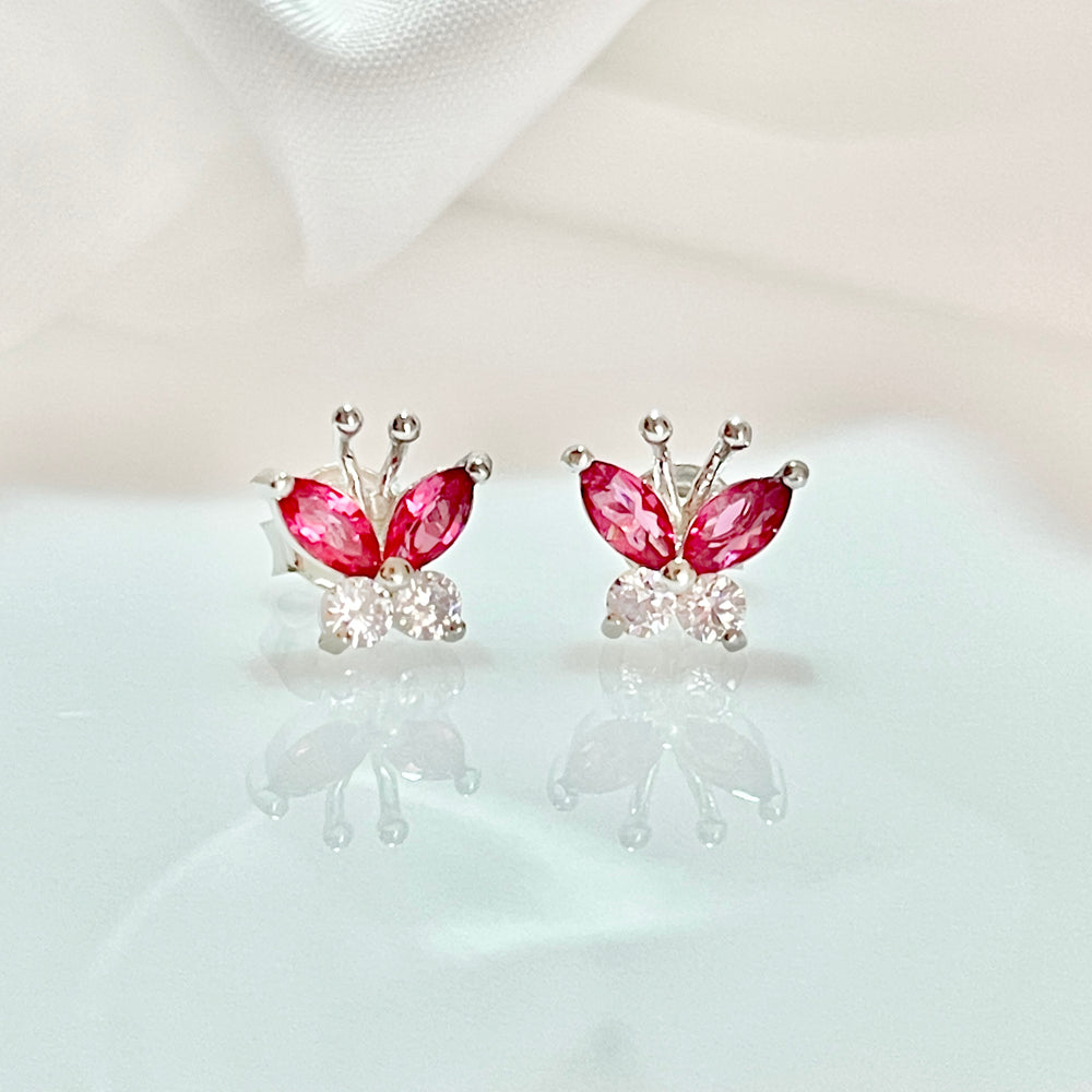 Aretes Plata Mariposa Rosa 9MM | Nicola Joyería 