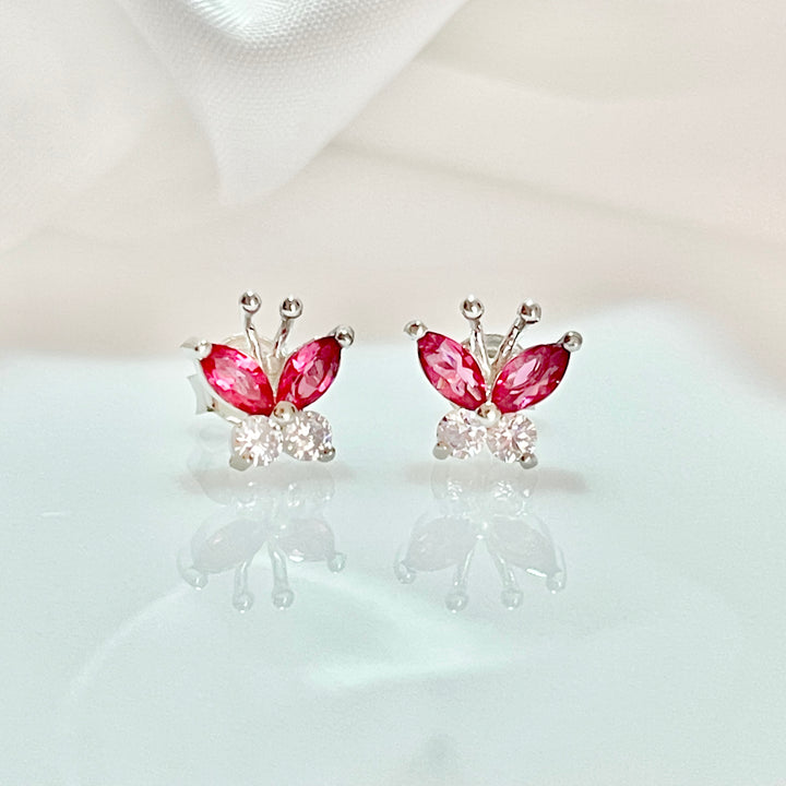 Aretes Plata Mariposa Rosa 9MM | Nicola Joyería 
