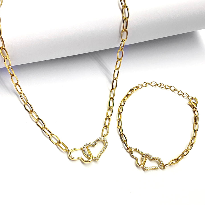 Collar y Pulsera Corazón Doble 🧡 Dorado
