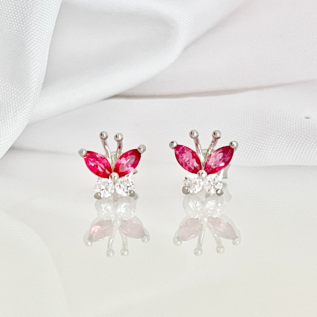 Aretes Plata Mariposa Rosa 9MM | Nicola Joyería 