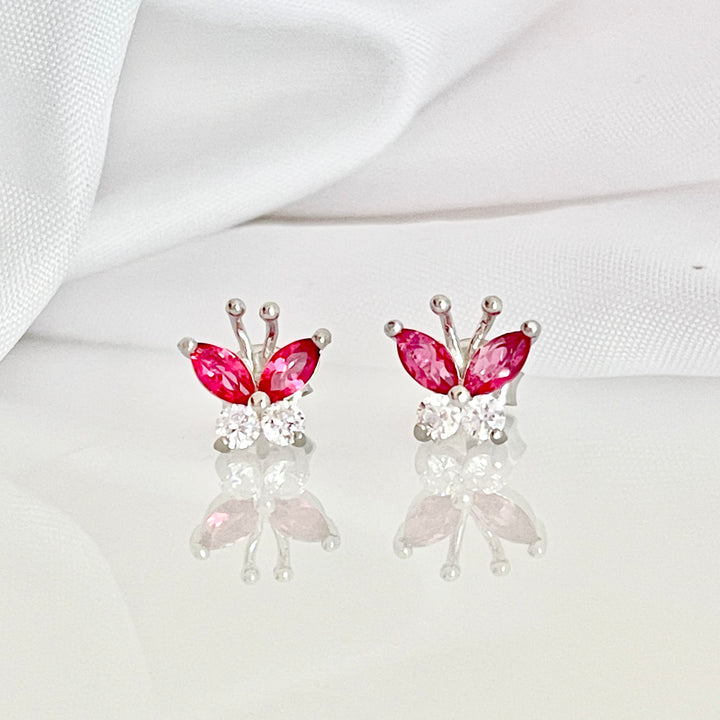 Aretes Plata Mariposa Rosa 9MM | Nicola Joyería 