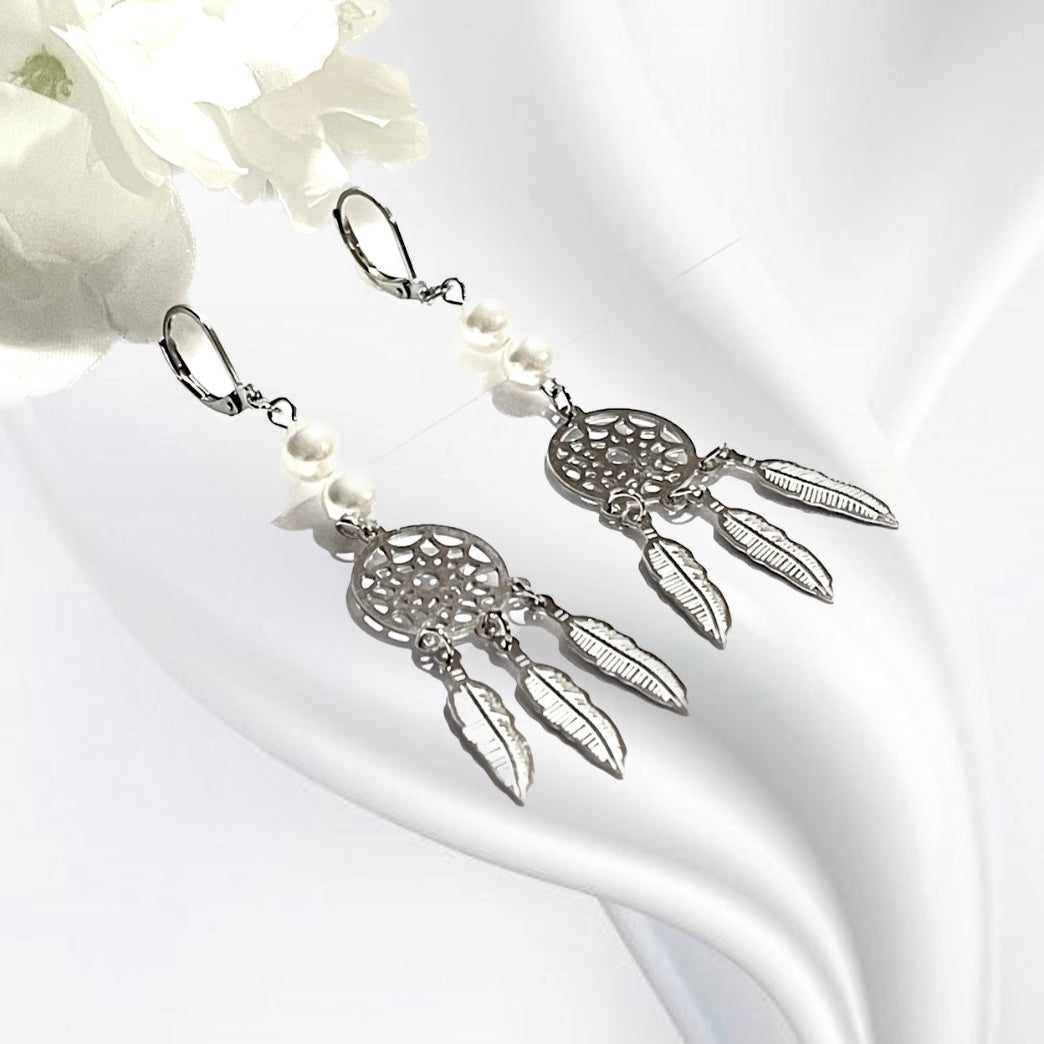 Aretes de Acero Largo Pluma 🪶