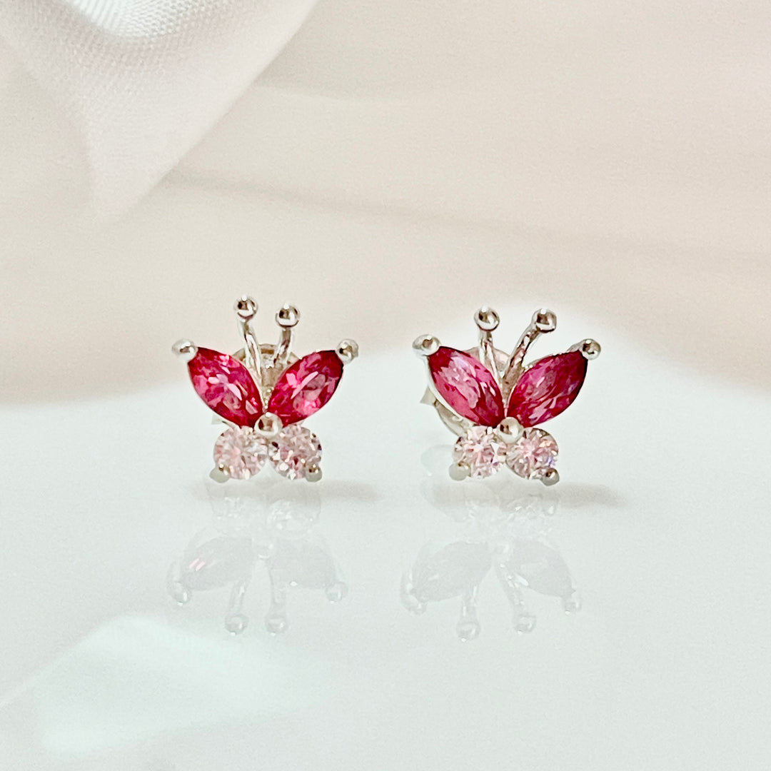 Aretes Plata Mariposa Rosa 9MM