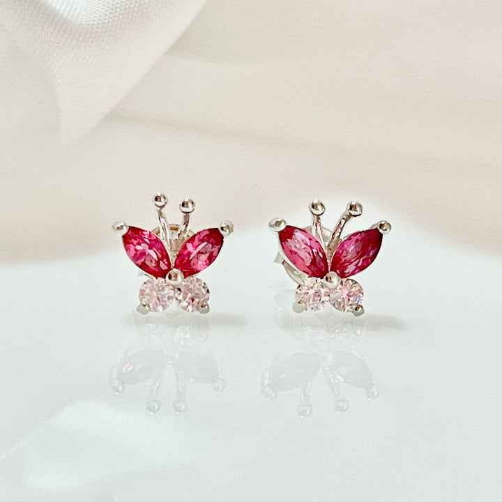 Aretes Plata Mariposa Rosa 9MM