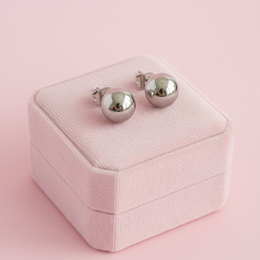 Aretes Acero Media Bola 8MM Plateados | Nicola Joyería en Costa Rica