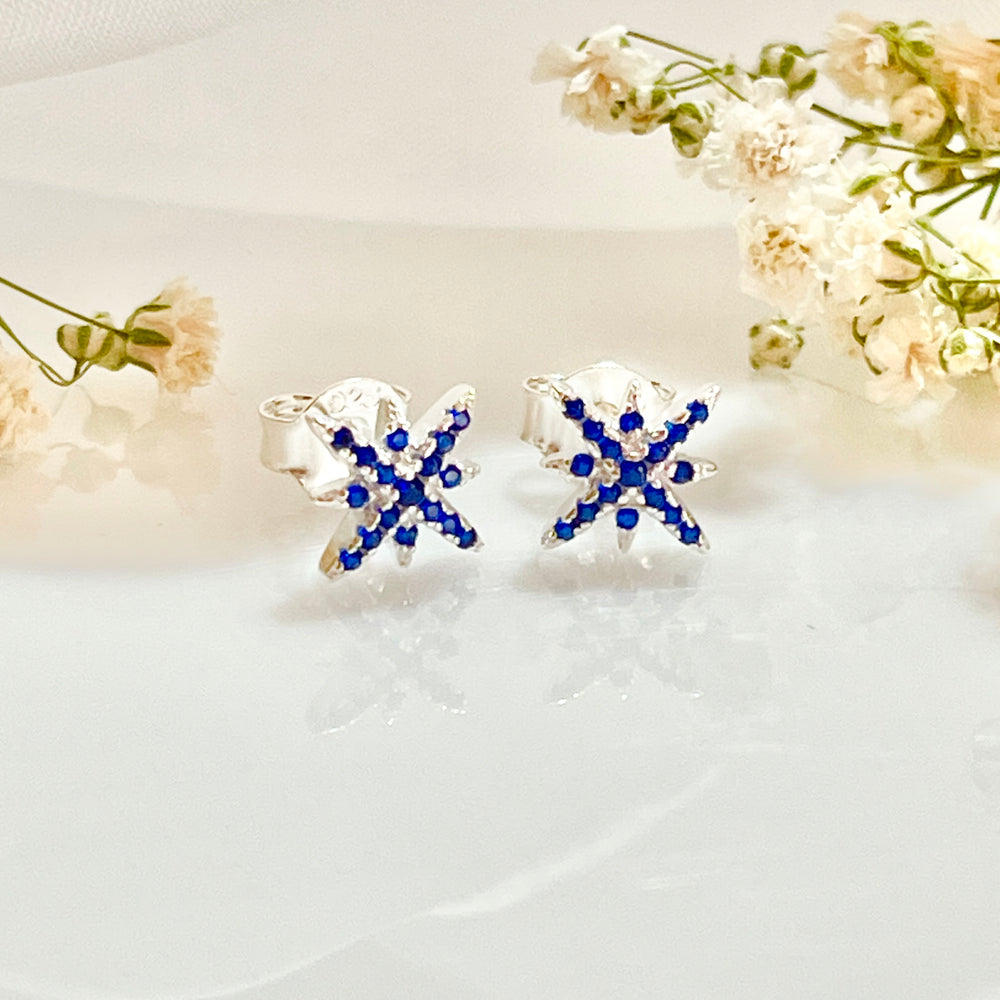 Aretes de Plata Estrella de Circonita Azul 10MM | Nicola Joyería en Costa Rica