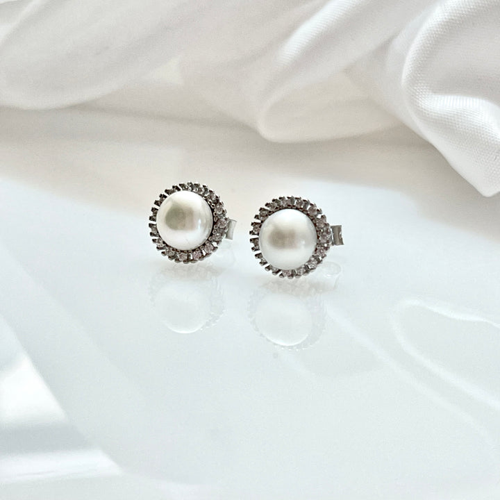 Aretes Plata Perla Picos 9MM | Nicola Joyería 