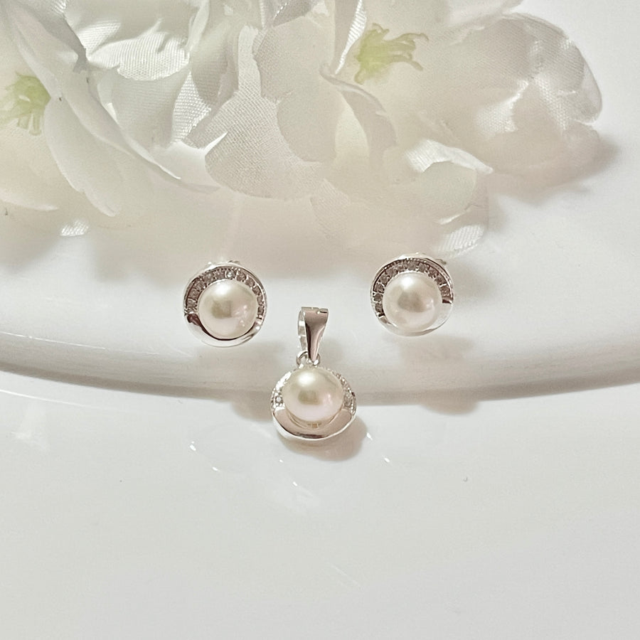 Juego Plata Perlas Circulo Medio Borde | Nicola Joyería 