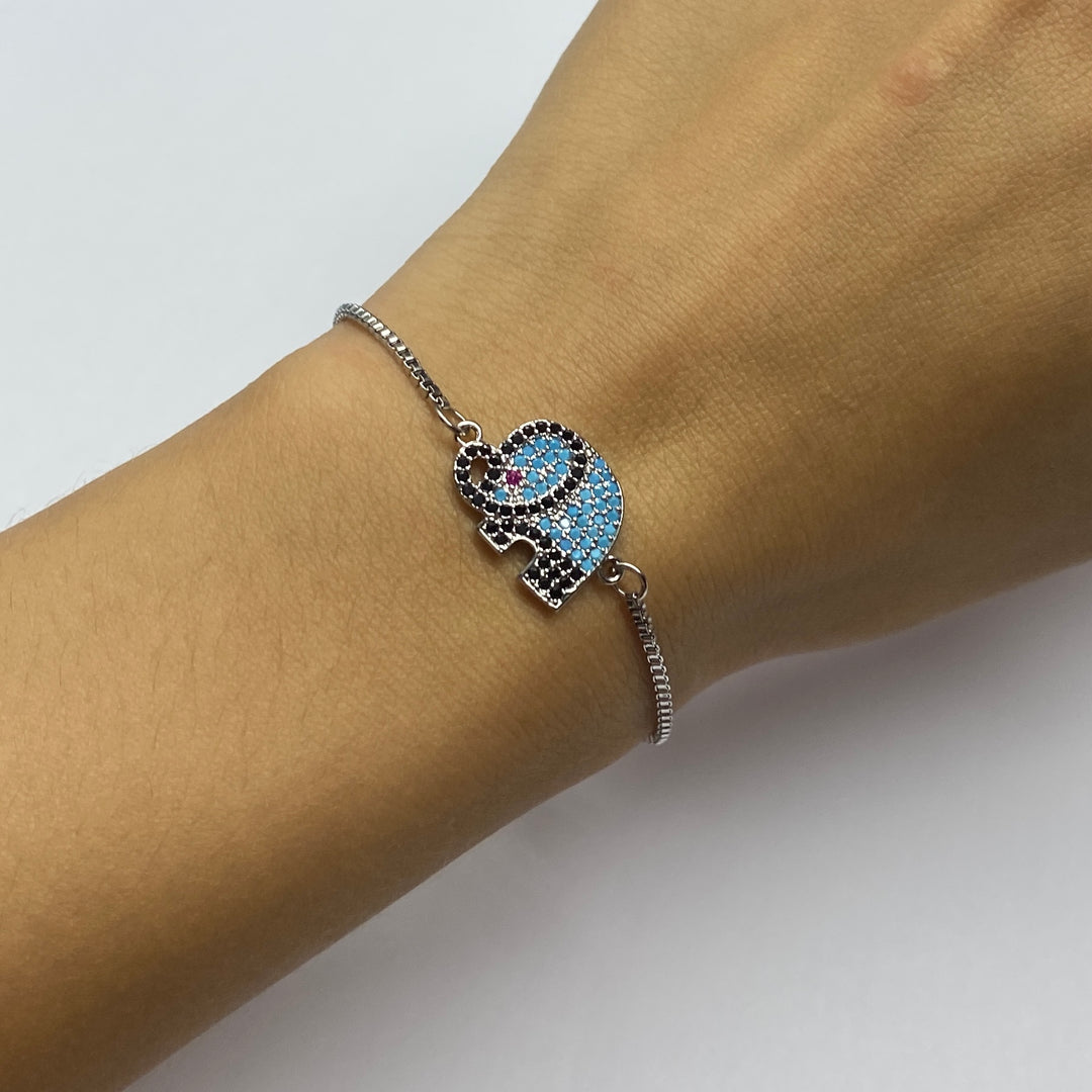 Pulsera Acero 🐘 Elefante Celeste Plateado