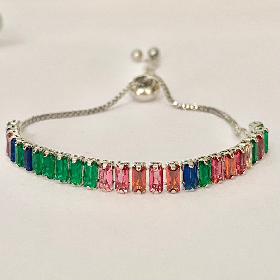 Pulsera Acero 🌈 Tennis Multicolor Baguettes Plateada | Nicola Joyería