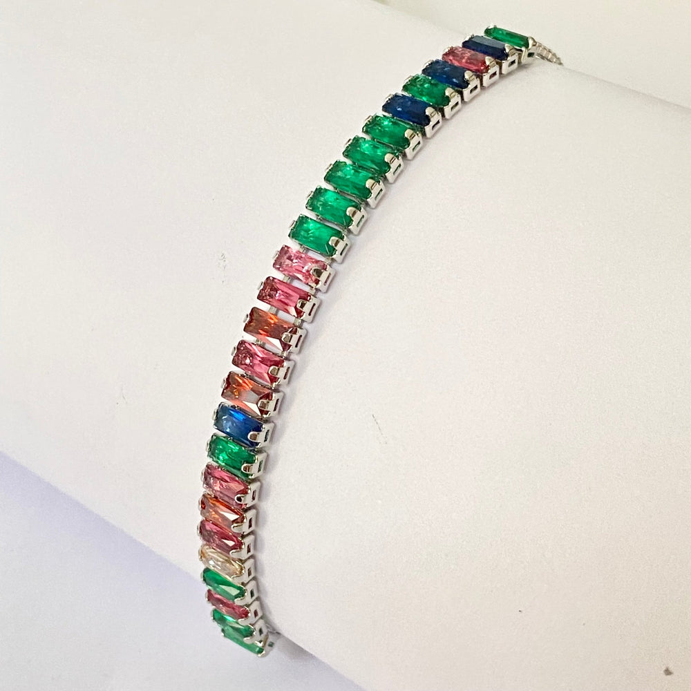 Pulsera Acero 🌈 Tennis Multicolor Baguettes Plateada | Nicola Joyería